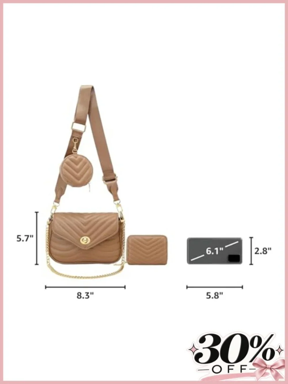 Quilted Faux Leather Crossbody Bag Small Purse with Coin Purse Card Holder 3PC